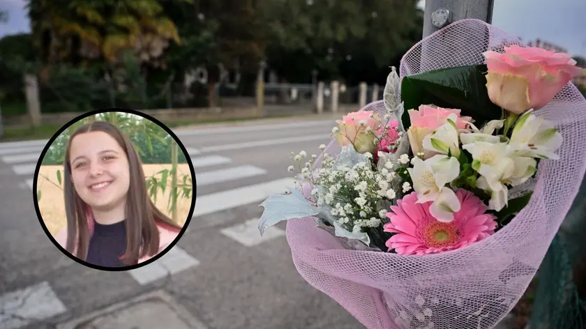 I fiori sul luogo dell'incidente e, nel tondino, Alice Morsanutto, 17 anni