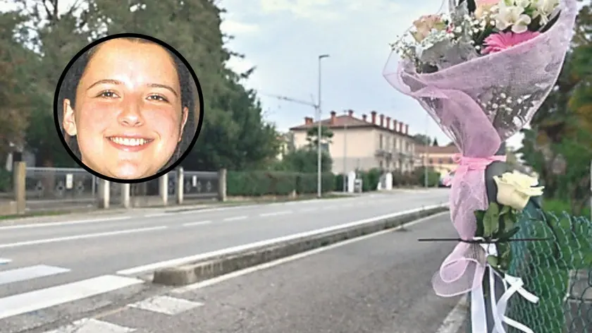 Alice Morsanutto e, a destra, i fiori sul luogo della tragedia