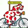 La Pimpa, leggendaria creazione di Francesco Tullio Altan mentre si dirige in bicicletta verso la nostra regione