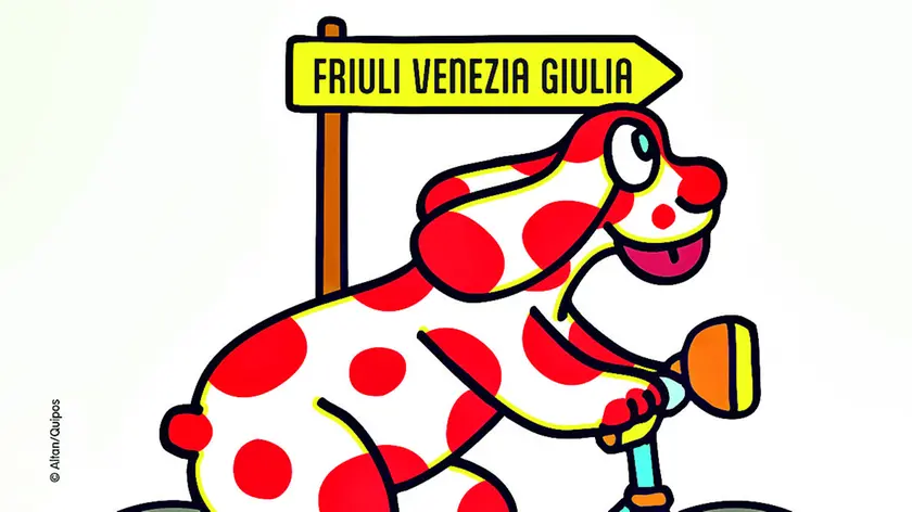 La Pimpa, leggendaria creazione di Francesco Tullio Altan mentre si dirige in bicicletta verso la nostra regione