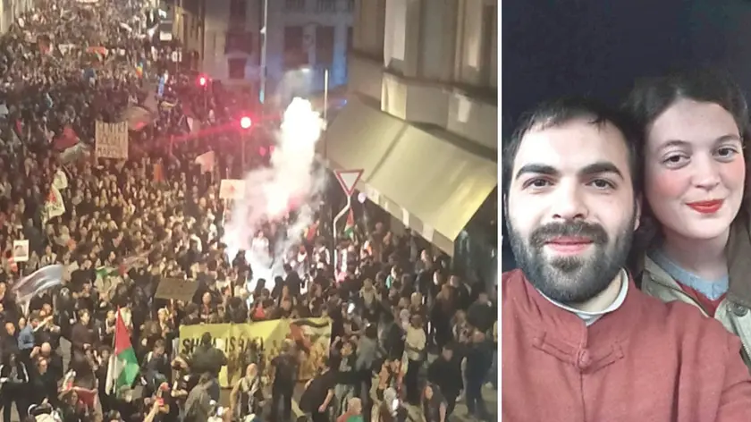 Il corteo Pro Pal del 14 ottobre, a Udine, a destra Roberto Mezzaroma e Arianna Mattietti