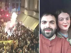Il corteo Pro Pal del 14 ottobre, a Udine, a destra Roberto Mezzaroma e Arianna Mattietti
