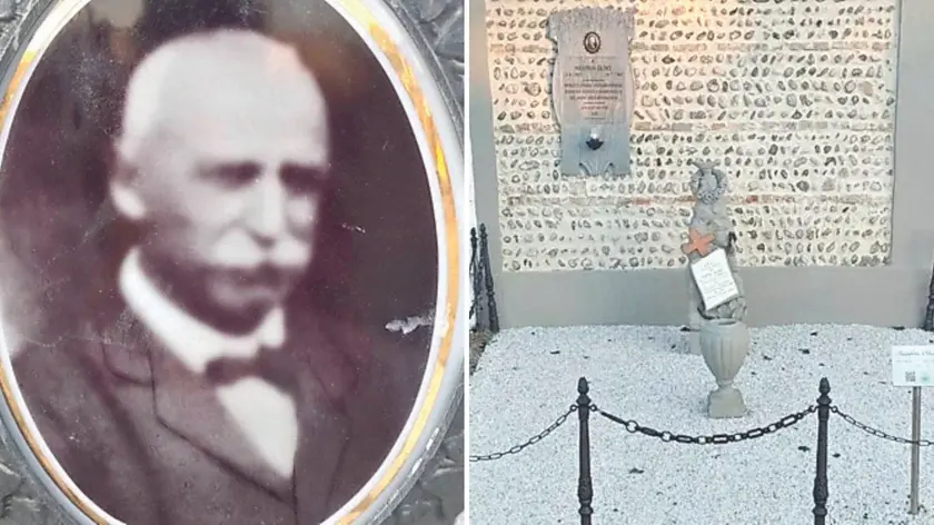 Olivo Manfrin nell’immagine sulla lapide e la sua tomba restaurata