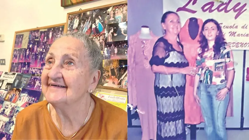 Mariateresa Burelli a casa sua: sullo sfondo la raccolta di fotografie delle sfilate di moda. A destra una foto dal passato