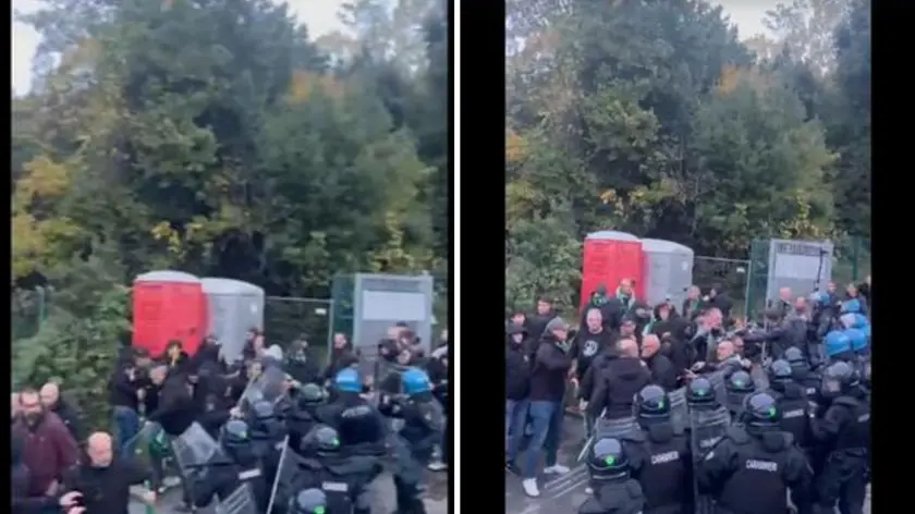 Le tensioni tra le forze dell'ordine e i tifosi neroverdi in due frame di un video girato dai supporters neroverdi
