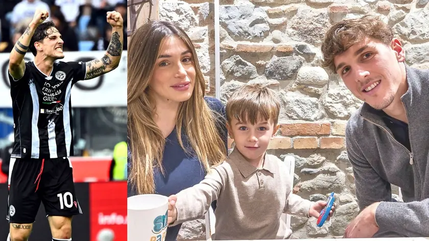 Nicolò Zaniolo esulta dopo il gol all'Atalanta, a destra con la compagna Sara e il piccolo Tommaso