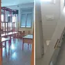 Banchi impilati fino al soffitto in una classe e alcune delle porte scardinate
