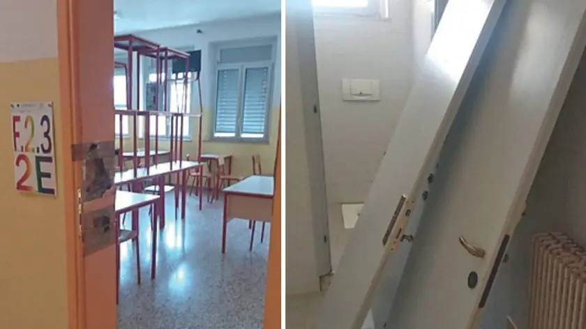 Banchi impilati fino al soffitto in una classe e alcune delle porte scardinate