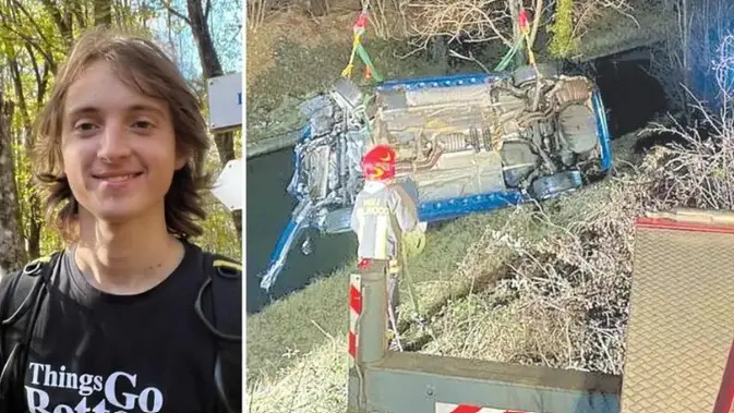 A sinistra Matteo Pittana, aveva 20 anni. A destra i vigili del fuoco durante il recupero dell’auto dal canale Ledra a Gemona