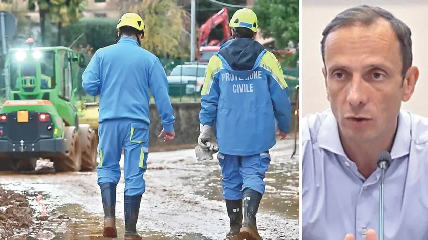 Protezione civile al lavoro durante il maltempo e il governatore Massimiliano Fedriga