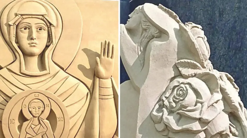 Due particolari delle opere di sabbia che comporranno il grande presepe di Lignano