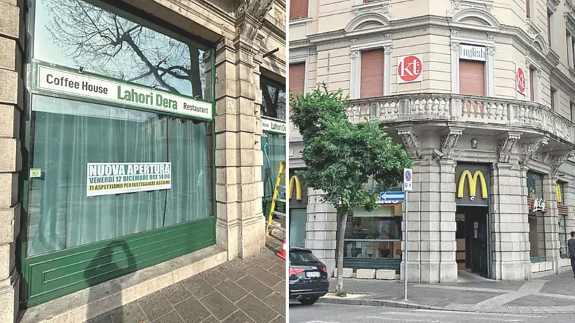 I lavori in corso nello stabile che, come si vede nella foto a destra, fino al 2021 ospitava il Mc Donald’s tra via Roma e viale Europa Unita / foto petrussi
