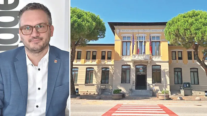 Il sindaco di Campoformido, Massimiliano Petri e un’immagine del municipio