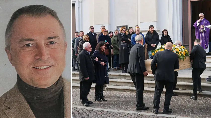 Sandro Valent e un momento del suo funerale in via Grazzano, a Udine (foto Petrussi)