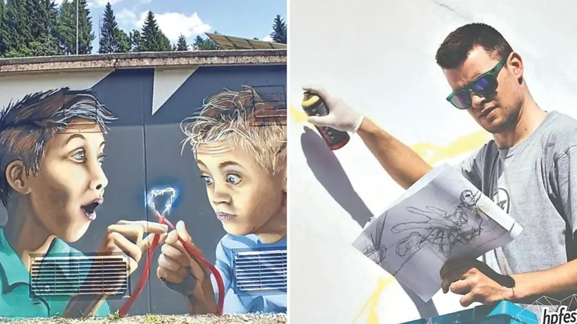 A sinistra, Roberto "Obi" Candotti, a destra una delle sue opere: Bambini a Forni di Sopra