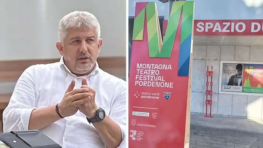 Mauro Varotto e il logo del Festival al teatro Verdi di Pordenone