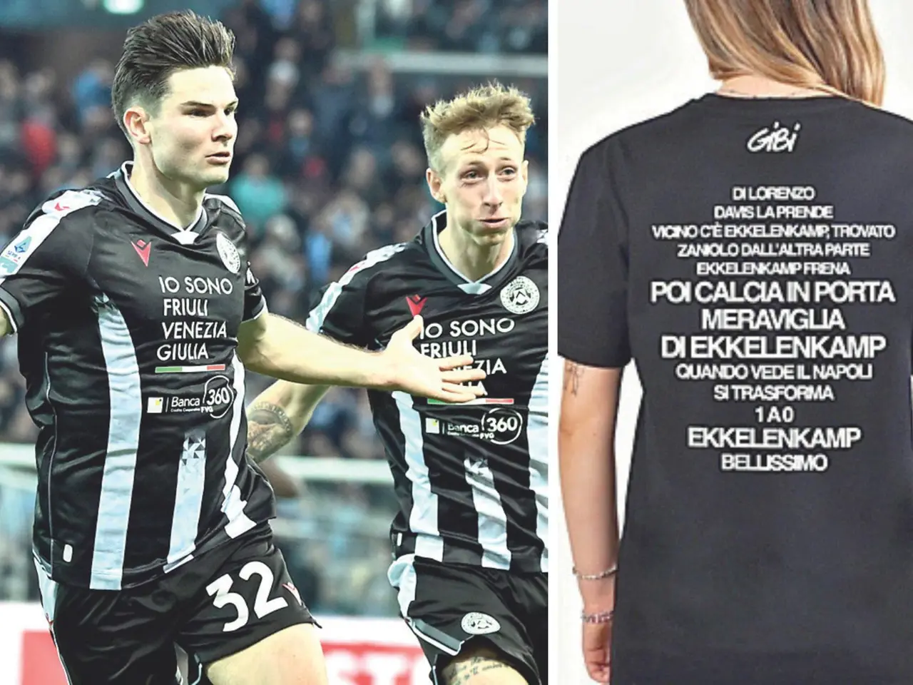 L'esultanza di Ekkelenkamp contro il Napoli e la maglietta celebrativa della telecronaca del suo gol