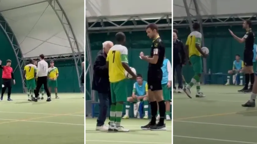 Tre momenti della partita Clark Udine-Manzano dopo l'espulsione del giocatore