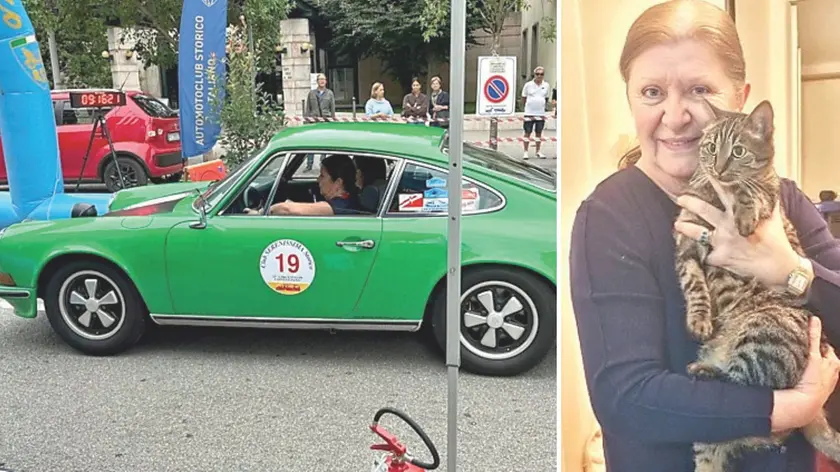 Maria Clorinda Manocchi amava molto i felini. A sinistra, al volante della Porsche 911