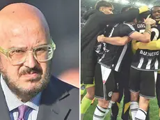 Pierpaolo Marino e, a destra, Ekkelenkamp festaggia con i compagni il gol-partita con il Napoli