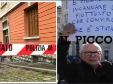 A sinistra il luogo del delitto, a destra il gioielliere triestino Nicola Granieri a una protesta No-vax a Trieste
