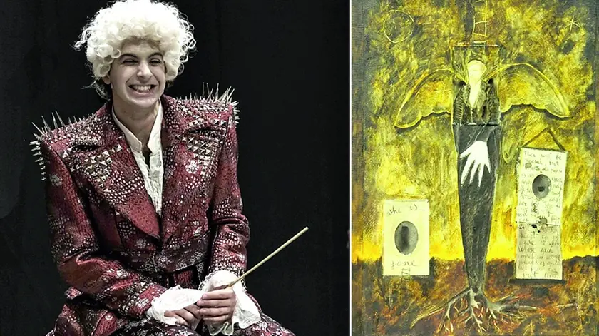 Un momento dello spettacolo e un’opera di Ferdinando Bruni