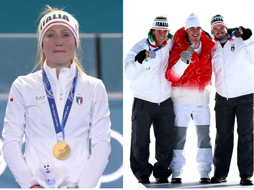 Francesca Lollobrigida oro nel pattinaggio 3000 metri, a fianco Giovanni Franzoni e Dominik Paris, rispettivamente argento e bronzo nella discesa libera