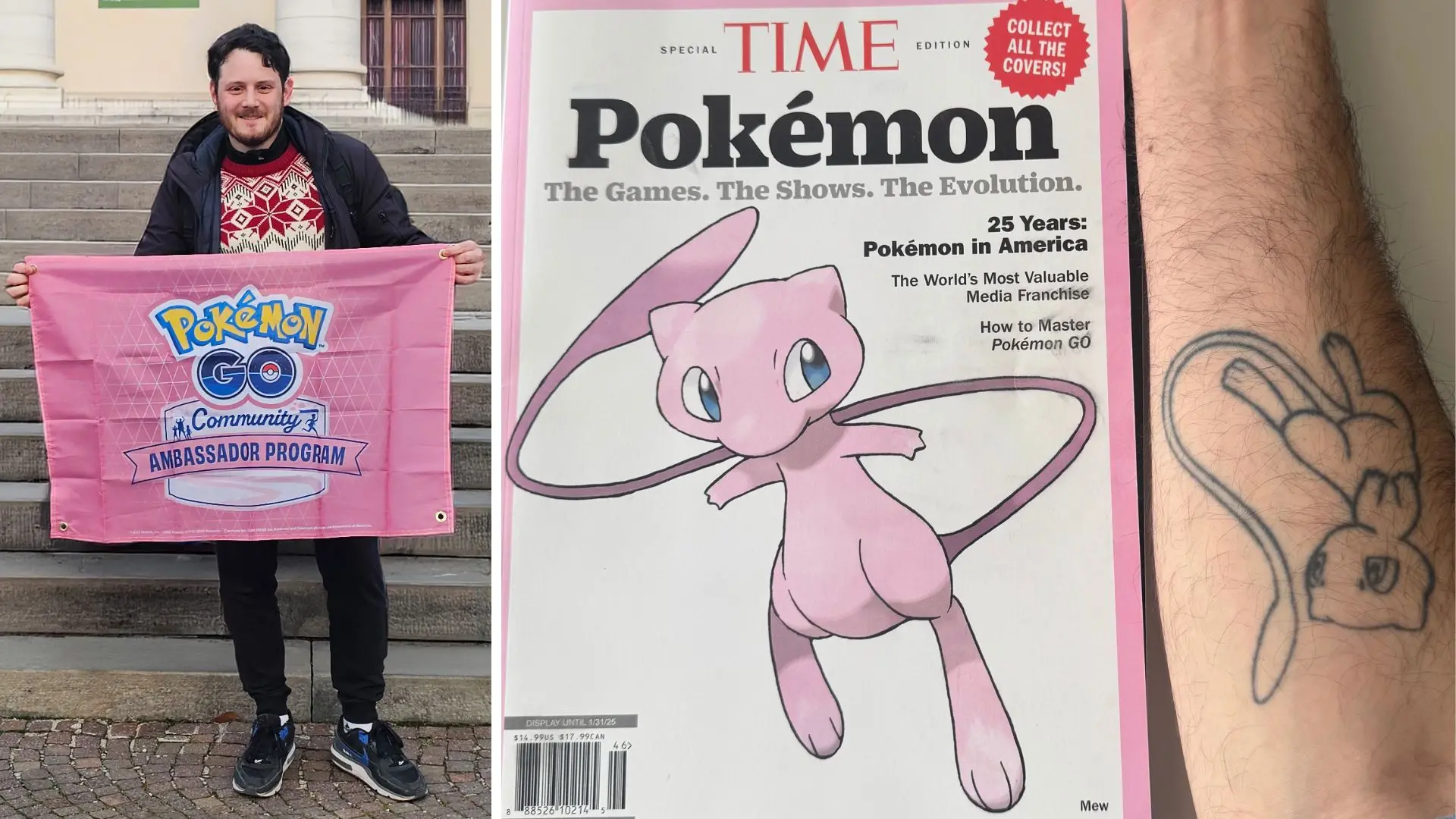 Alessandro Forgiarini, ambassador ufficiale di Pokémon Go a Udine, a destra il tatuaggio di un fan