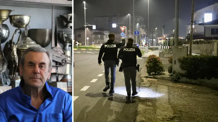 Mario Ruoso, noto imprenditore di Pordenone, è stato ucciso a sprangate. Sulla destra la polizia alla ricerca dell'arma