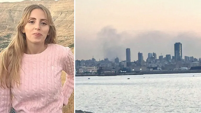 L'udinese Emma Polesello, 28 anni. A destra lo skyline di Beirut dopo il bombardamento del 6 marzo