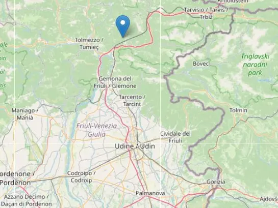 Nella mappa è indicato l'epicentro della scossa di terremoto, vicino a Moggio Udinese