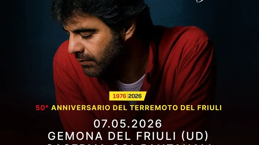 La locandina del concerto di Bocelli in programma il 7 maggio prossimo a Gemona