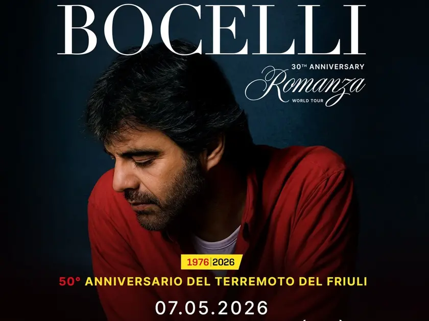 La locandina del concerto di Bocelli in programma il 7 maggio prossimo a Gemona