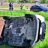 L'auto rovesciata su un fianco a Castions di Strada