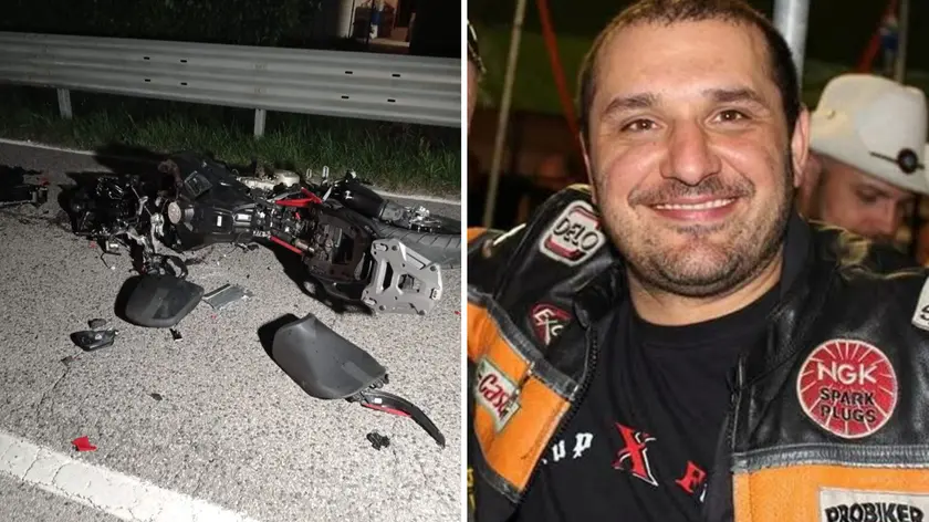 A destra la vittima, Giampietro Scarsini; a sinistra la moto dopo lo scontro