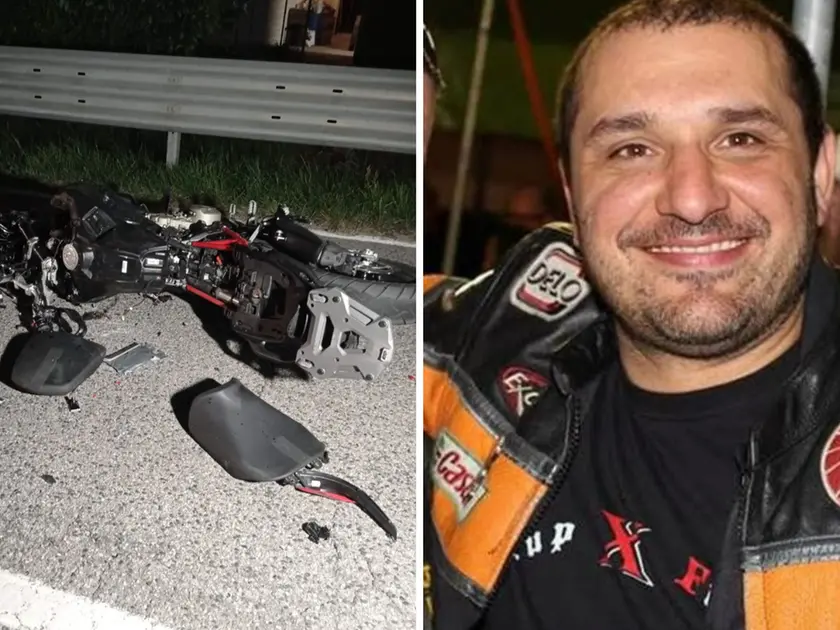 A destra la vittima, Giampietro Scarsini; a sinistra la moto dopo lo scontro