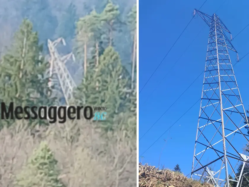 A sinistra il traliccio danneggiato a Terzo di Tolmezzo, a destra il traliccio dopo il ripristino