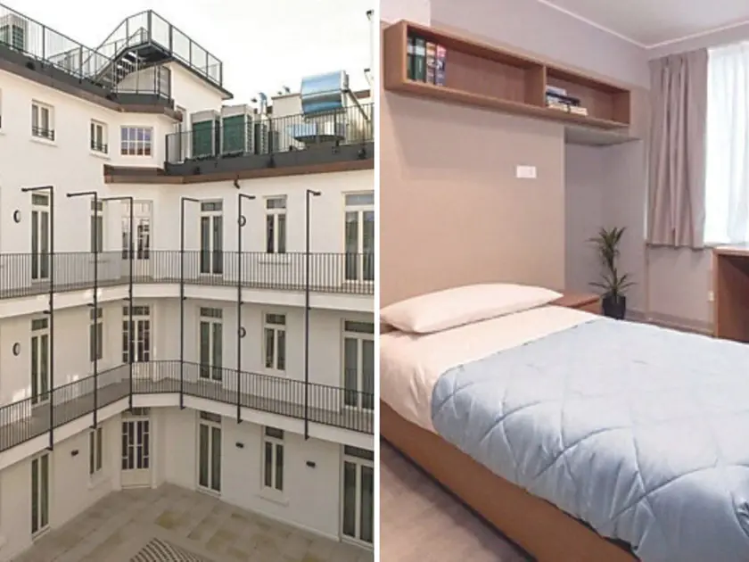 Il cortile interno dell’edificio e l’arredamento di una stanza destinata agli studenti