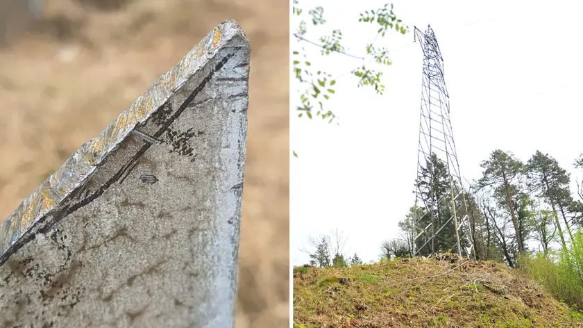 Una parte del traliccio tagliato e la “guida” segnata con un pennarello