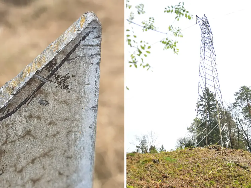 Una parte del traliccio tagliato e la “guida” segnata con un pennarello