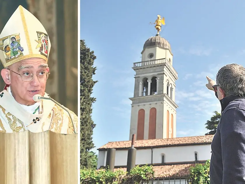L’arcivescovo Riccardo Lamba e il campanile di Santa Maria a Udine (foto Petrussi)