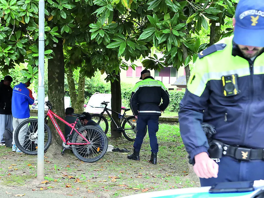 Gli agenti della polizia locale di Pordenone durante un controllo a parco Galvani (foto Ambrosio / Petrussi)