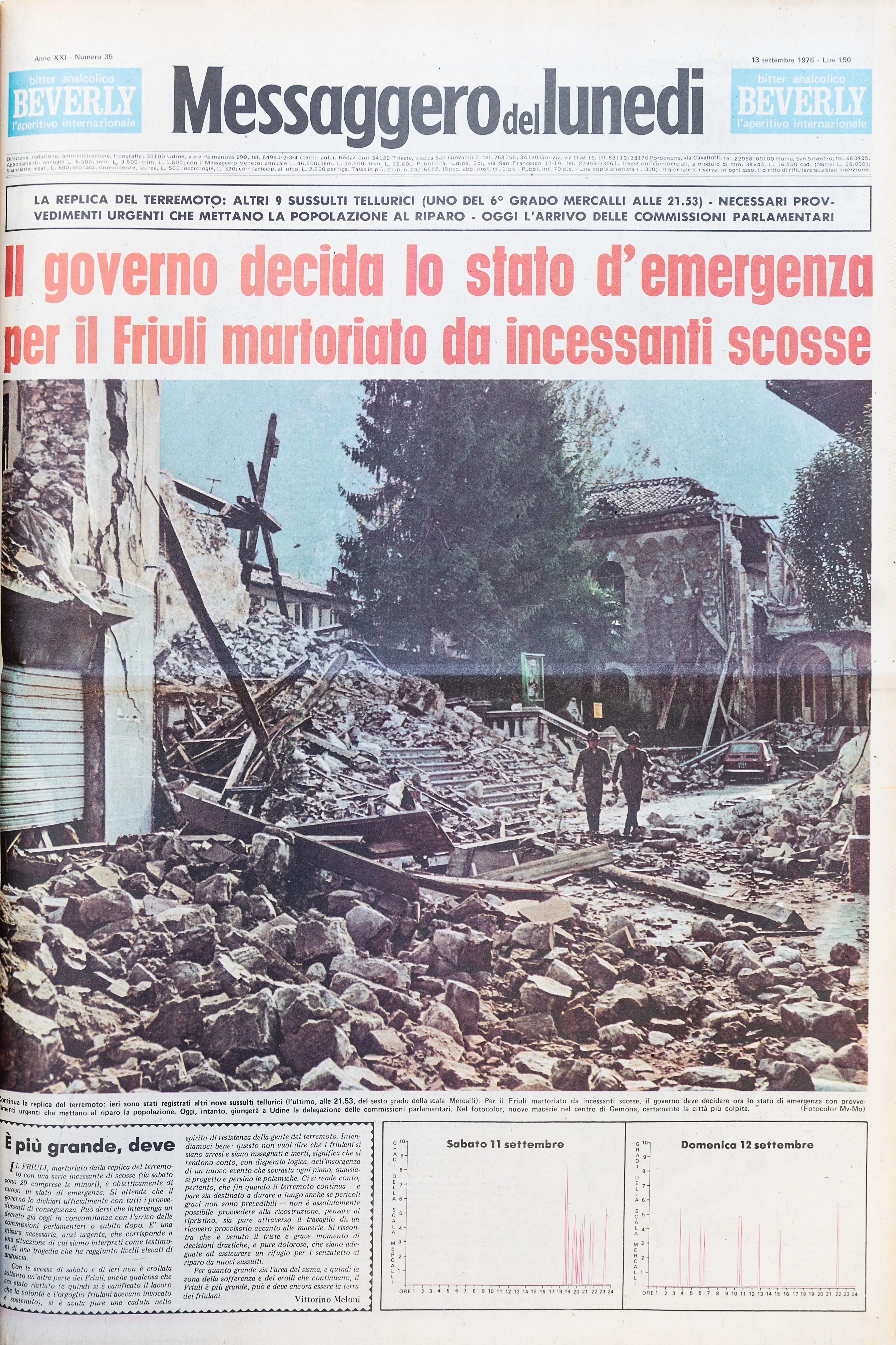 Dal giorno dopo la prima scossa, che alle 21 del 6 maggio 1976 raggiunse una Magnitudo di 6.5 alle repliche sismiche dei giorni successi, fino agli ulteriori sismi registrati quattro mesi dopo, a settembre: l'11 venne rilevato un sisma di Magnitudo 5.6, il 15 di Magnitudo 6. La devastazione immortalata dai primi, drammatici scatti fotografici, i morti, le testimonianze e le disperate richieste di aiuto della popolazione: un resoconto crudo, come quel sentimento che per mesi oscurò il Friuli: la paura. (Archivio Messaggero Veneto)