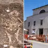 La ex chiesa di Santa Lucia e due degli scheletri ritrovati al suo interno