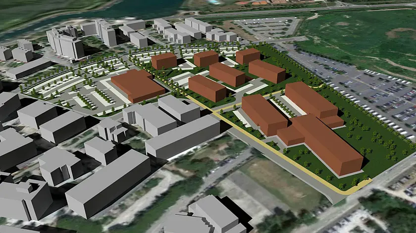 Il rendering dell’intervento: l’hotel (a destra), il supermercato (a sinistra) e in mezzo le palazzine residenziali