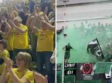Il tripudio dei tifosi della Tinet che hanno seguito gara-3 di finale al maxischermo e, nella foto di Ambrosio Petrussi, l’esultanza al Bottecchia di tifosi del Pordenone Fc