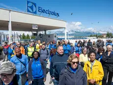 Lavoratori Electrolux davanti lo stabilimento di Porcia (Foto Petrussi)
