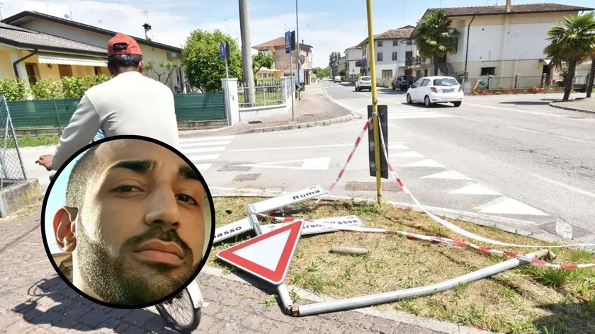 Nel tondo David Sbiha, la vittima. Nella foto grande il luogo dello schianto