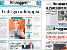 Tre prime pagine del Messaggero Veneto: a partire da destra la rielezione di Fedriga il 4 aprile 2023, poi lo scoppio della guerra al confine con Gorizia e le truppe italiane a Trieste