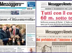 La prima pagina dell'elezione di Basso a sindaco di Pordenone, aprile 2025. A seguire due pagine storiche: la vicenda di Alfredino (1981) e la ricostruzione post terremoto